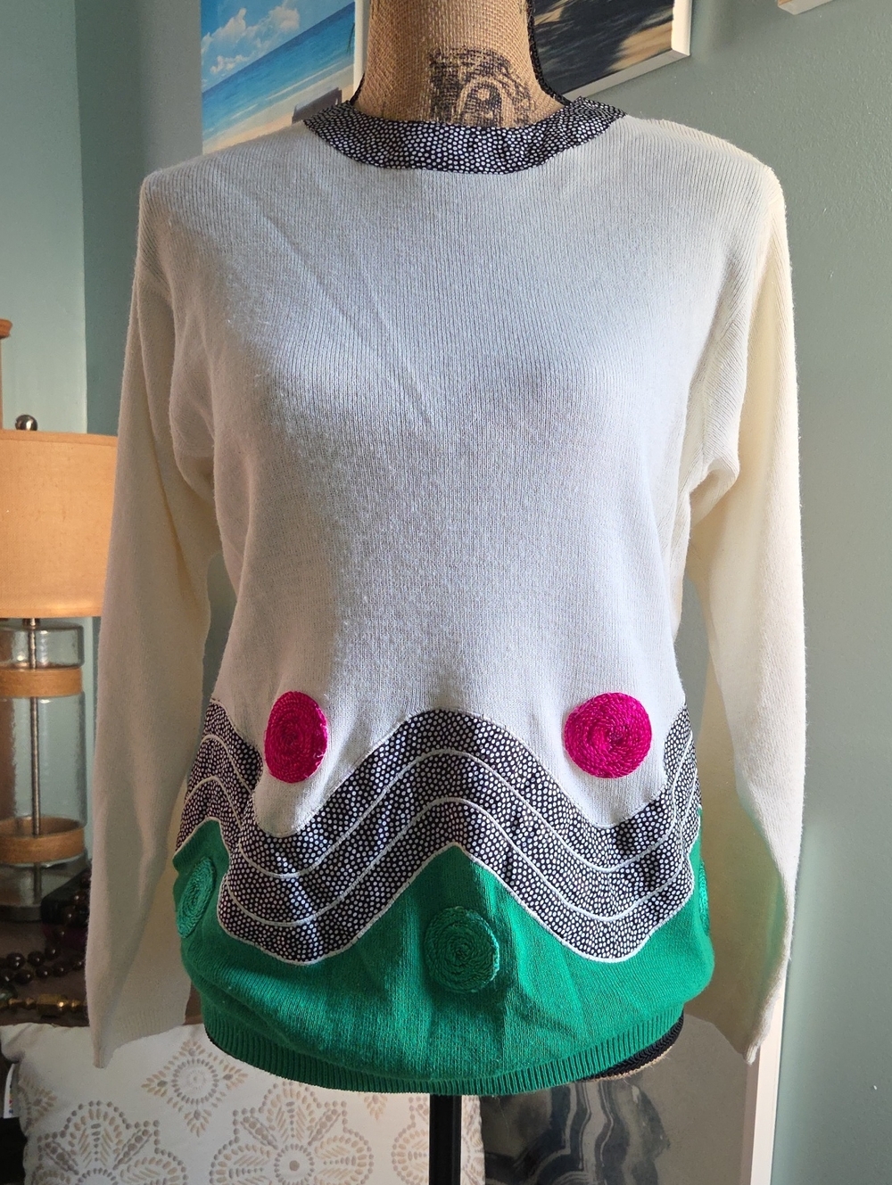 Vintage Andrea Gayle Abstract Art to Wear Knit Sweater Colorblock Petite M